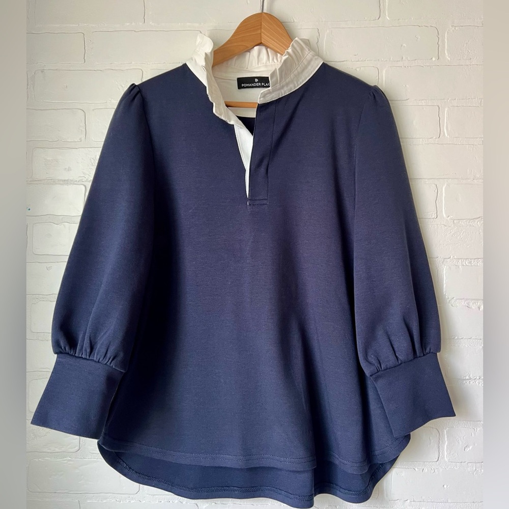 Pomander Place Tuckernuck Navy Charlotte Terry Top Blouse with detail - size M